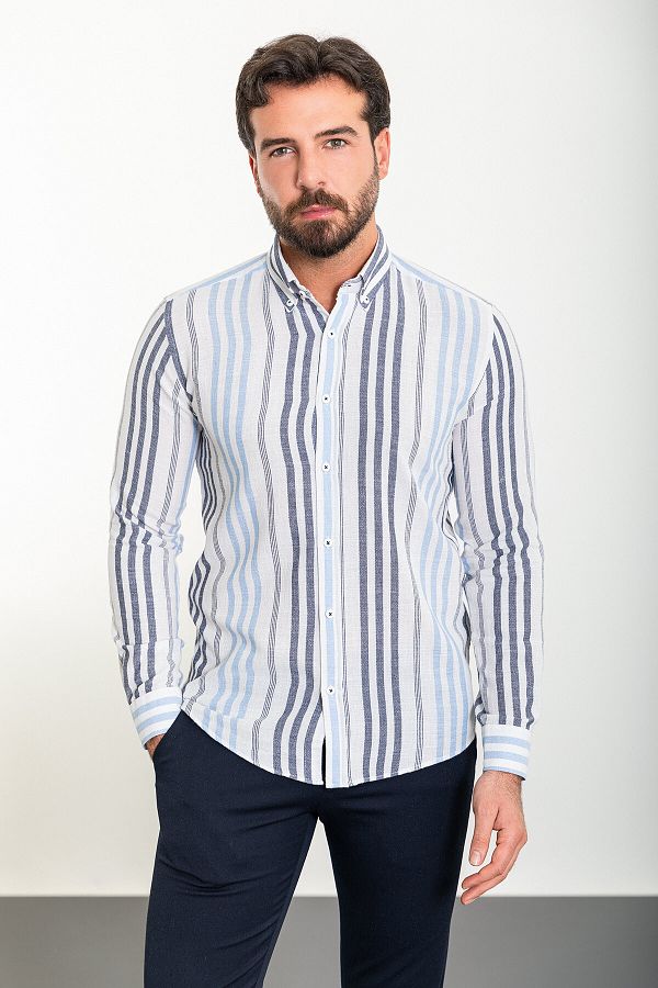 Mcr-Striped White Slim Fit Long Sleeve Men's Shirt 1
