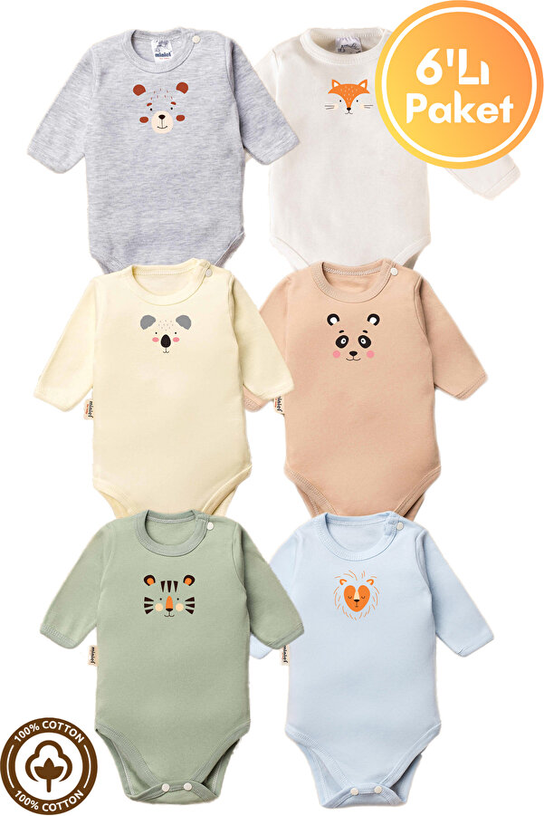 miniel organic Unisex %100 Organik Pamuklu Hayvan Figürlü 3-6-9-12 Ay 6Lı Uzun Kollu Bebek Body Zıbın