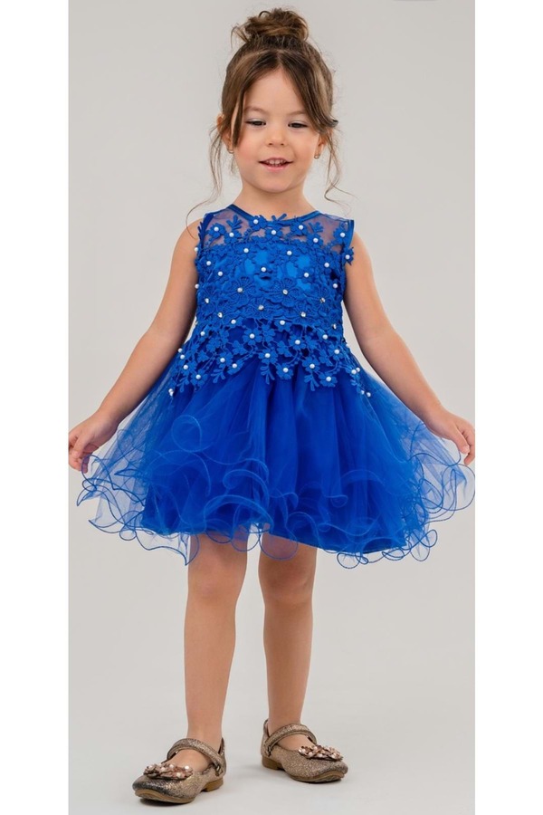 Mnk Baby&Kids İncili Kız Çocuk Daisy Elbise MNK0585 SAKS MAVİ