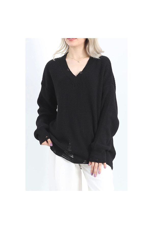 Narnuga Black V Neck Ripped Knitwear Sweater 19220.1810 Trendyol
