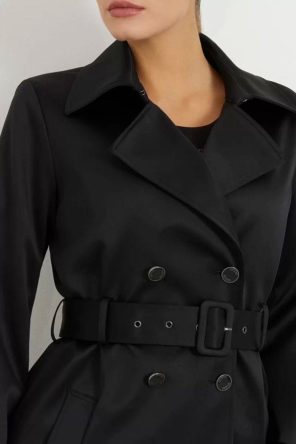 Guess Women s Luana Short Belted Black Trench Coat Trendyol