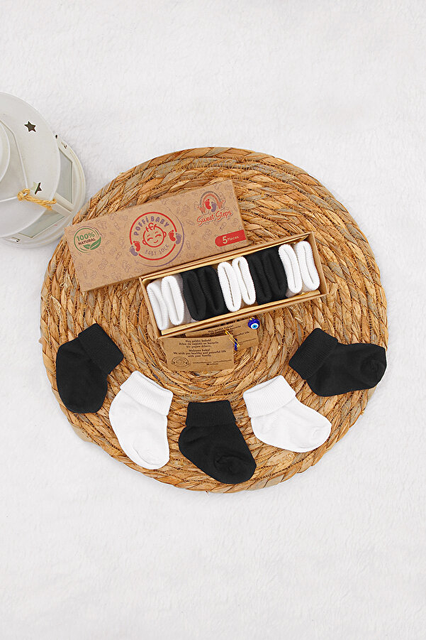 poffibaby Organik Pamuk Unisex 5'li Kutulu Premium Yenidoğan Bebek Çorabı