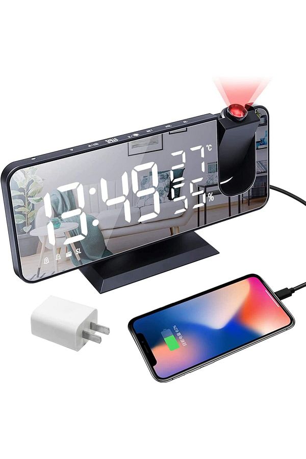 COOYA-Digital Ceiling Projection Alarm Clock,with USB Charger,Port Temperature & Humidity Display,Snooze 1