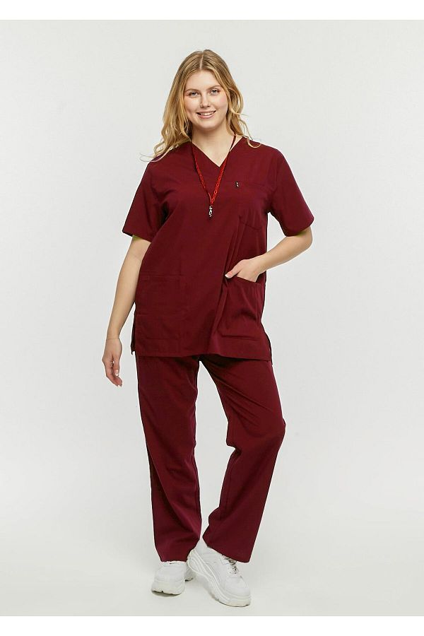 Çatı Medikal-Plus Size Ultralycra Comfy - Lycra Doctor Nurse Jersey Set (Unisex), Burgundy 1