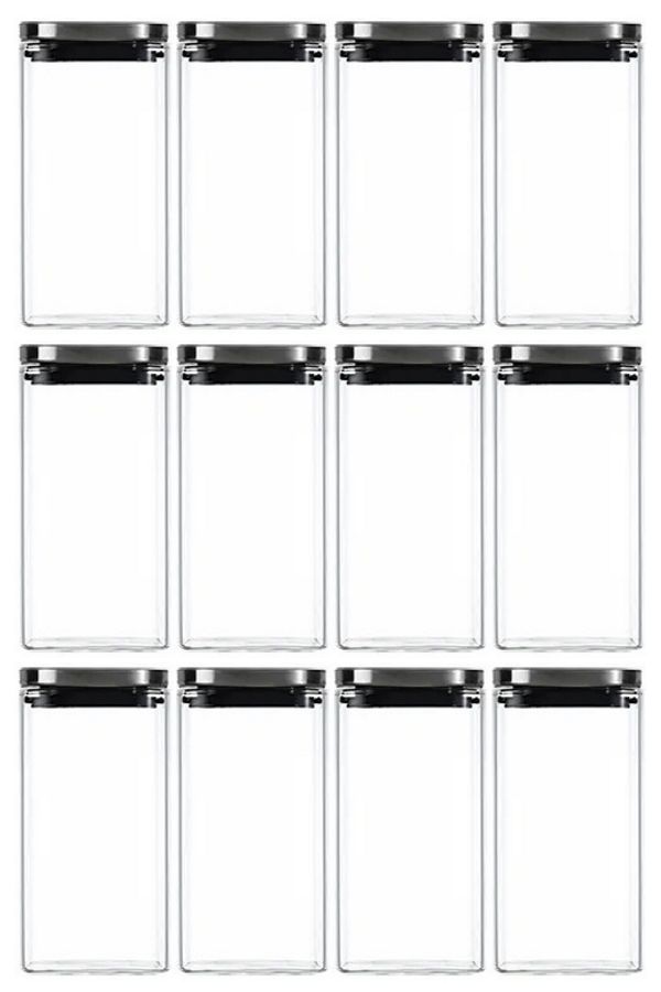 Kitchen Design Lab-8X8*15 cm Square Glass Jar -800 ml with Vacuum Chrome Lid, Spice Rack Storage Container 12 Pcs 1