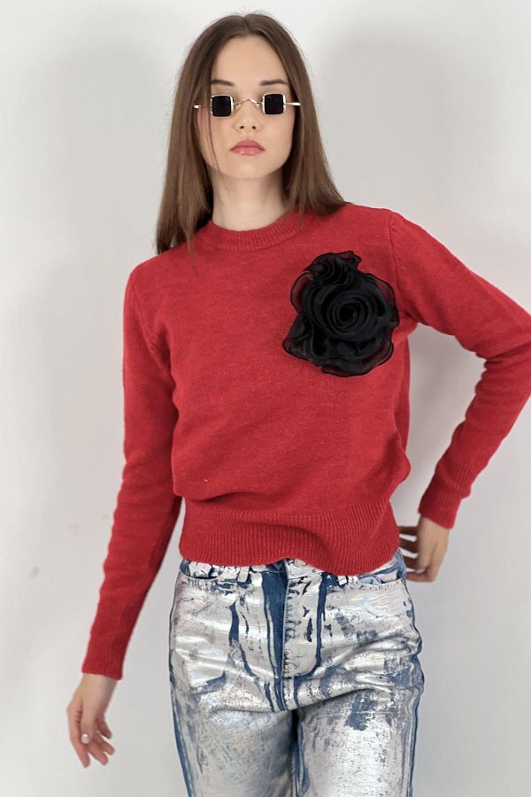 Miss Poem-Women's Winter Crew Neck Rose Detailed Red Knitwear Sweater 1