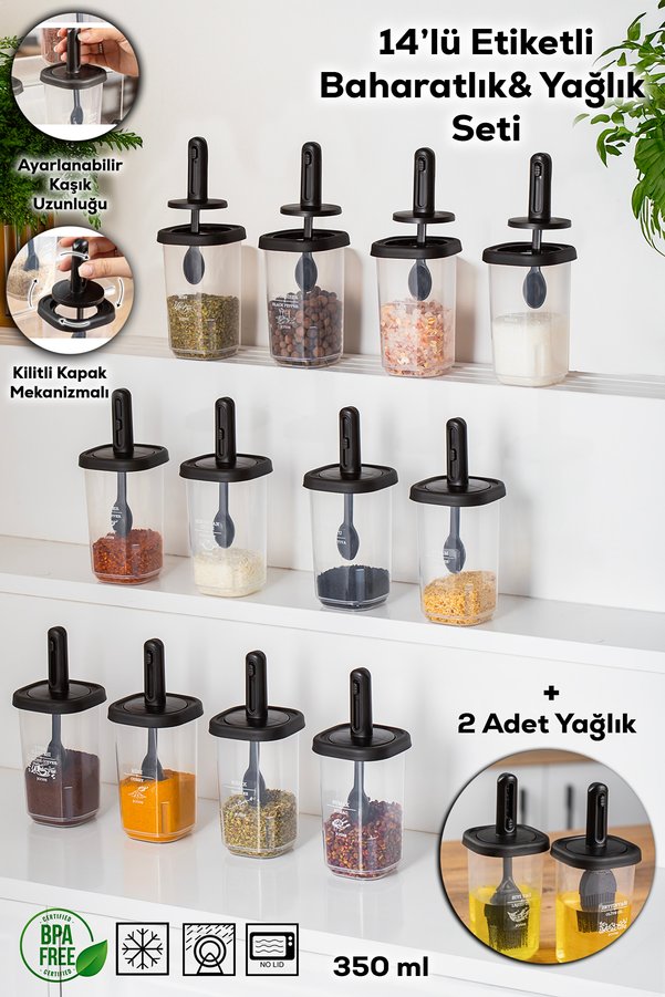 Porsima 1104 14-Piece Sliding Self-Spoon Leakproof Lid Labeled Spice Set - Storage Container