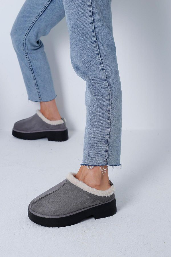 Beyond Women s Gray Fur Inside Ankle Furry High Heels Suede House Slippers Shoes 5cm Bynduggt04 Trendyol