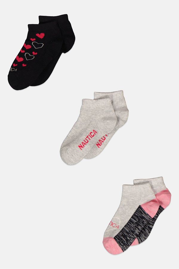 Nautica-Toddlers Girl 3 Pairs Ankle Socks, Black/Grey/Pink 1