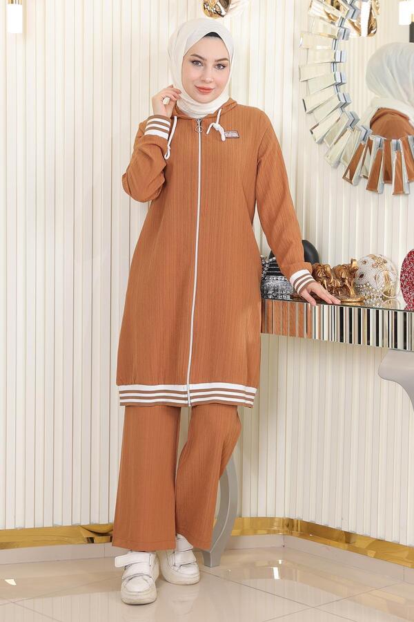 Modamihram-Zippered Ribbed Set Tan 10405 1