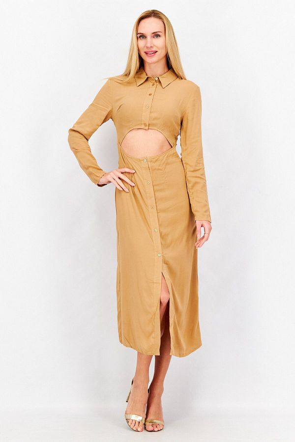 Asos Design-Women Long Sleeve Cut Out Midi Dress, Stone 1