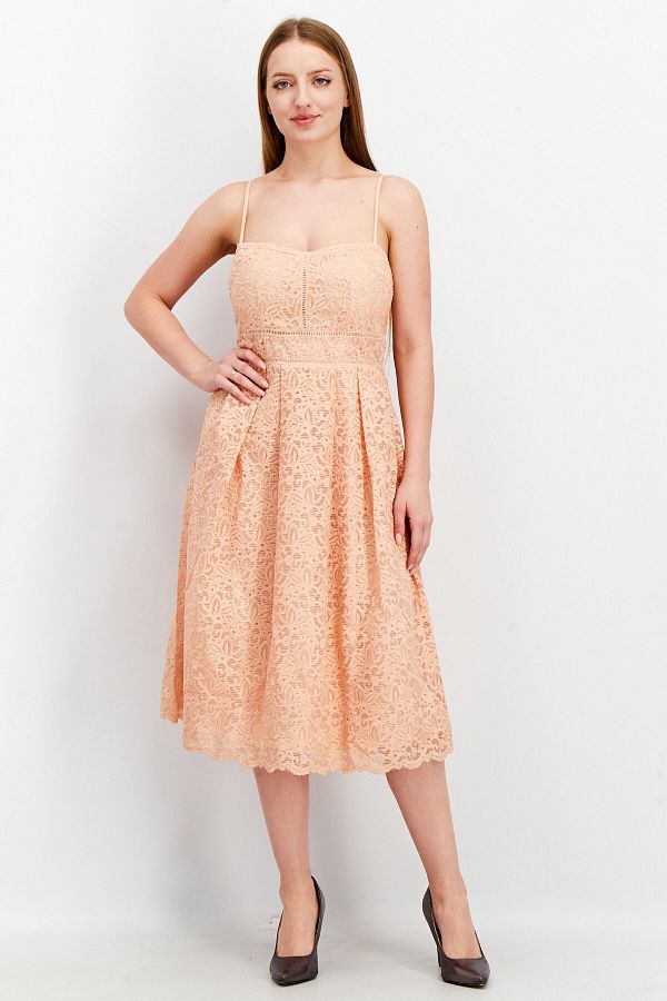 BOOHOO Women Embroidered Strappy Skater Midi Dress Peach Trendyol