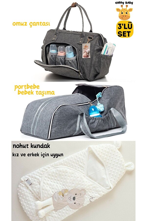 Sahra HAPPYBABY 3'LÜ BEBEK TAŞIMA SETİ (FONKSİYONEL BEBEK BAKIM ÇANTASI,PORTBEB VE NOHUT KUNDAK)