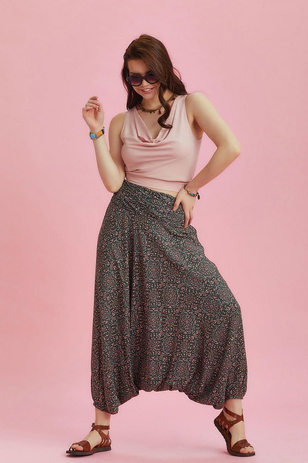 Los banditos-Drape Detail Elastic Waist Ancient Patterned Baggy Trousers 1