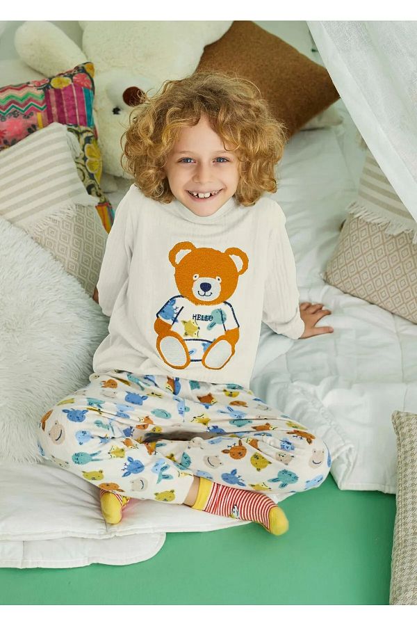Aydo an Children s White Teddy Bear Print Thermal Pajamas Set Warm and Cute Winter Set Trendyol
