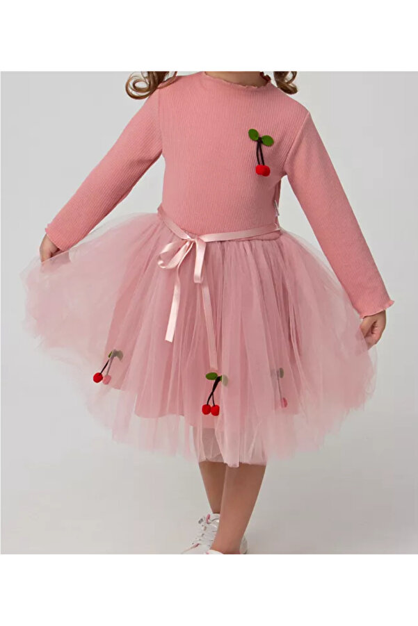 Fenomen Kids Kirazlı Tütülü Elbise Uzun Kollu