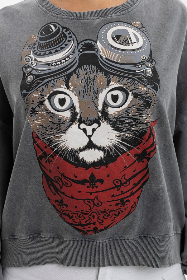 S Ponder Women s Explorer Cat Design Sweatshirt 100 Cotton Long Sleeve Trendyol