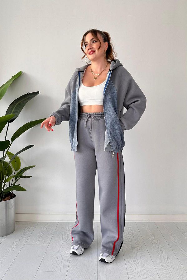 Denim jacket and grey joggers outlet