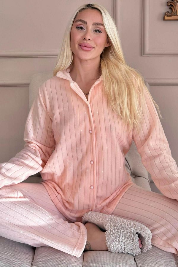 Pijamaevi-Orange Polka Dot Patterned Front Buttoned Plush Fleece Pajama Set 1