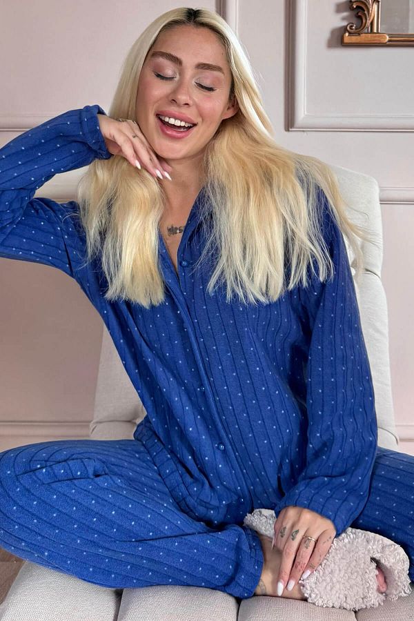 Pijamaevi-White Dotted Patterned Front Buttoned Plush Fleece Pajama Set 1