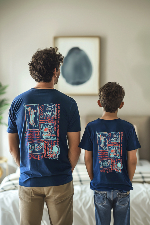 TRENDYOLKIDS-Μπλουζάκι για αγόρια Mini Me - Πίσω στάμπα Father-Son, Navy, Πλεκτό TKDAW25TS00017 1
