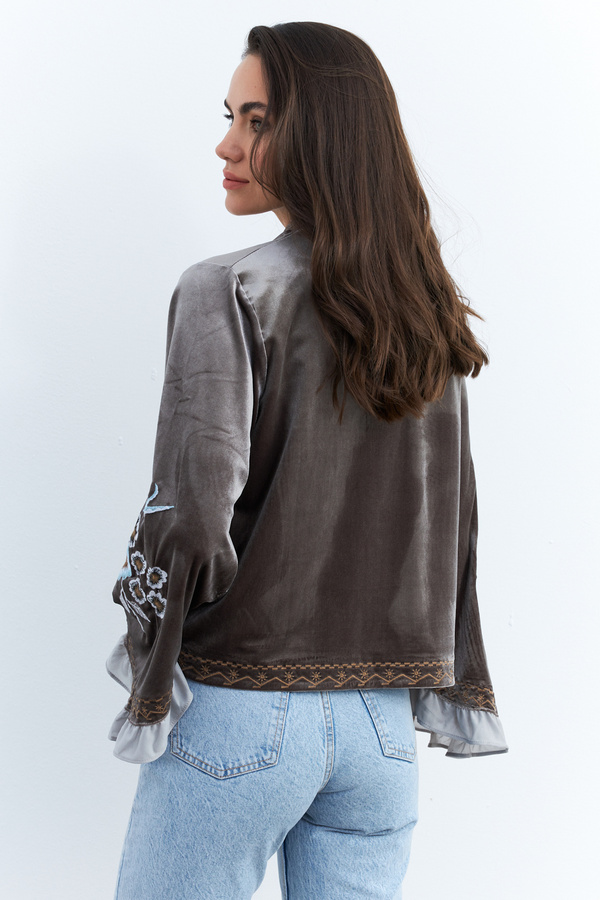 Cool & Sexy Women's Khaki Spanish Sleeve Embroidered Velvet
