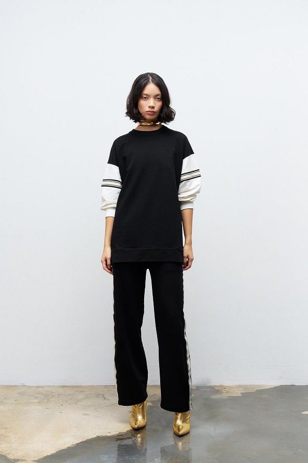 Basicpark-Black Women's Wide Leg Elastic Waist Stripe Detailed Cotton Knitted Bottom and Top Set 1