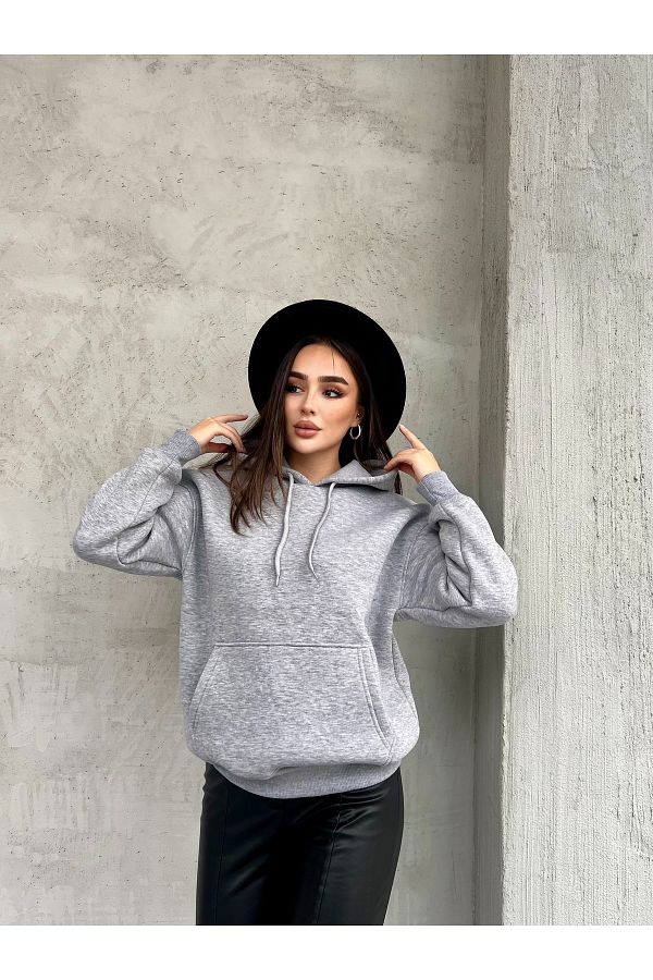 Ozy Fashion Women s Gray Fleece Soft Sweatshirt 3 Thread Relaxed Hooded Hoodie Trendyol