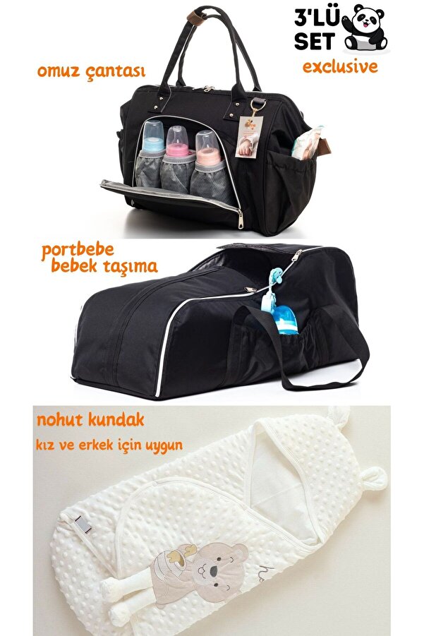 sahra bebek EXCLUSIVE 3'LÜ DOĞUM SETİ (BEBEK BAKIM OMUZ ÇANTASI, PORTBEBE-BEBEK TAŞIMA VE NOHUT KUNDAK)