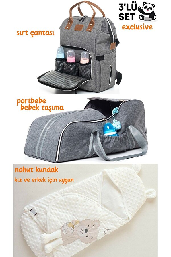 sahra bebek EXCLUSIVE 3'LÜ DOĞUM SETİ (BEBEK BAKIM SIRT ÇANTASI, PORTBEBE-BEBEK TAŞIMA VE NOHUT KUNDAK)
