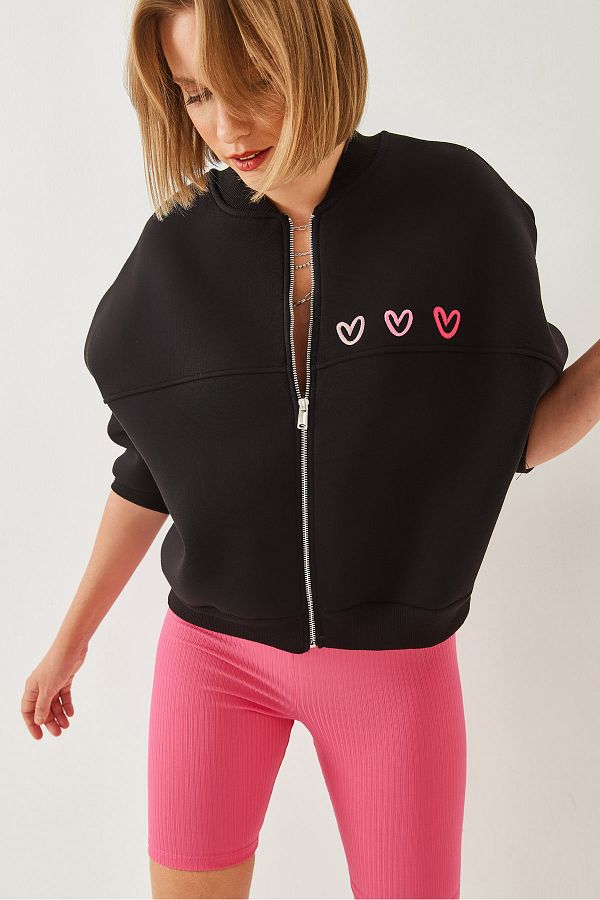 Bianco Lucci-Women's Heart Embroidered Three Thread Ribbed Cardigan 6326 60251954 1