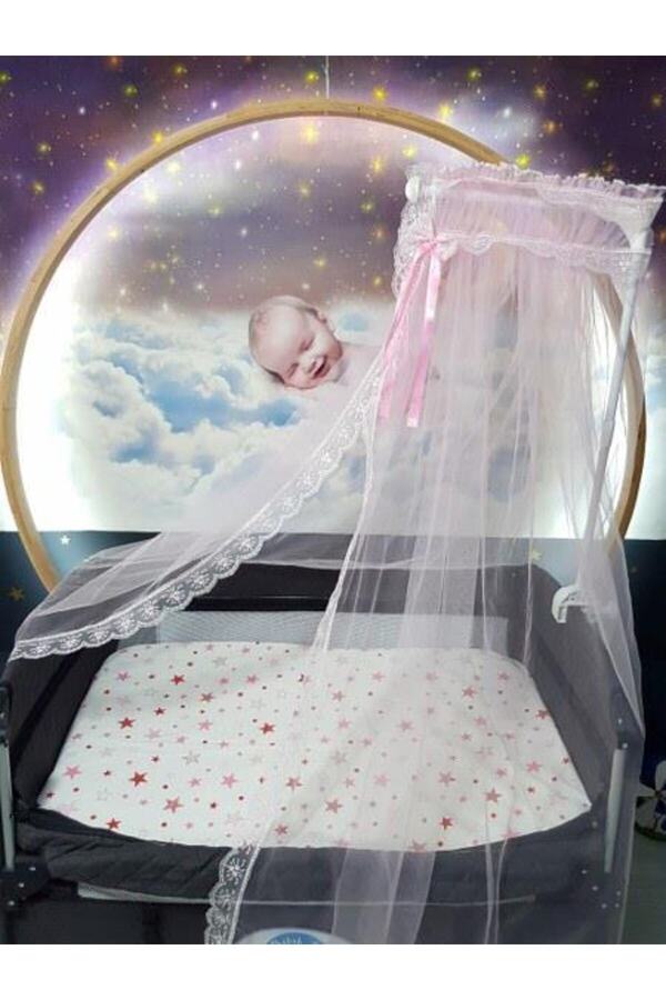 bebek_iklimi Bebek Beşik Cibinlik Takımı - Pembe Güpürlü Hayal Tül (APARAT DAHİLDİR.)