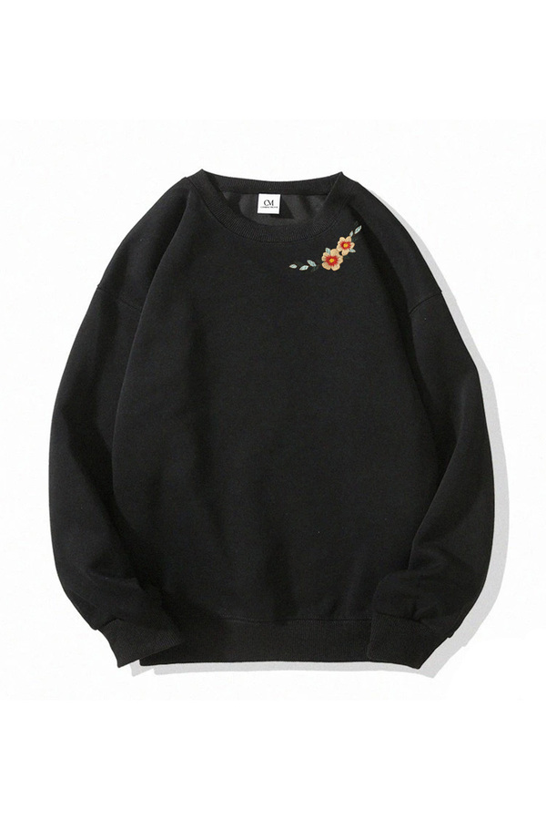 COMBİNE MİCHAİL-Black Long Sleeve Floral Embroidered Women's Sweatshirt 1