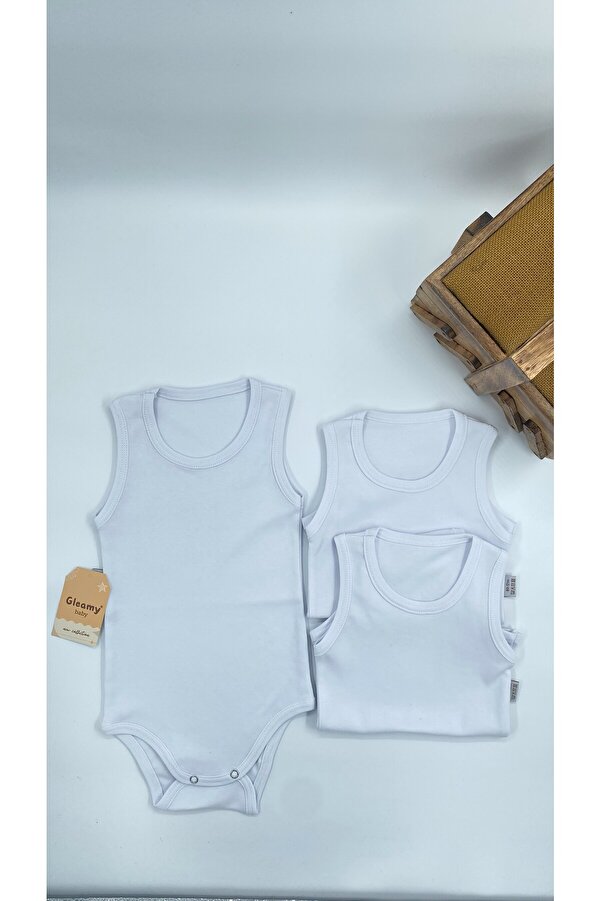 Gleamy Bebek Basic Pamuk Penye Zıbın 3'li Set Bisiklet Yaka Atlet Body badi