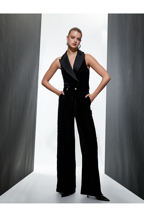 Koton Velvet Evening Dress Jumpsuit Jacket Collar Sleeveless Wide Leg Trendyol