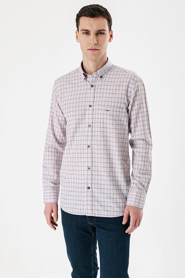 İmza-Claret Red Long Sleeve Checked Cloth Feet Buttoned Collar Pocket Cotton Comfort Fit Shirt1004235163 1