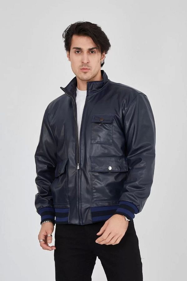 Navy faux leather jacket shop