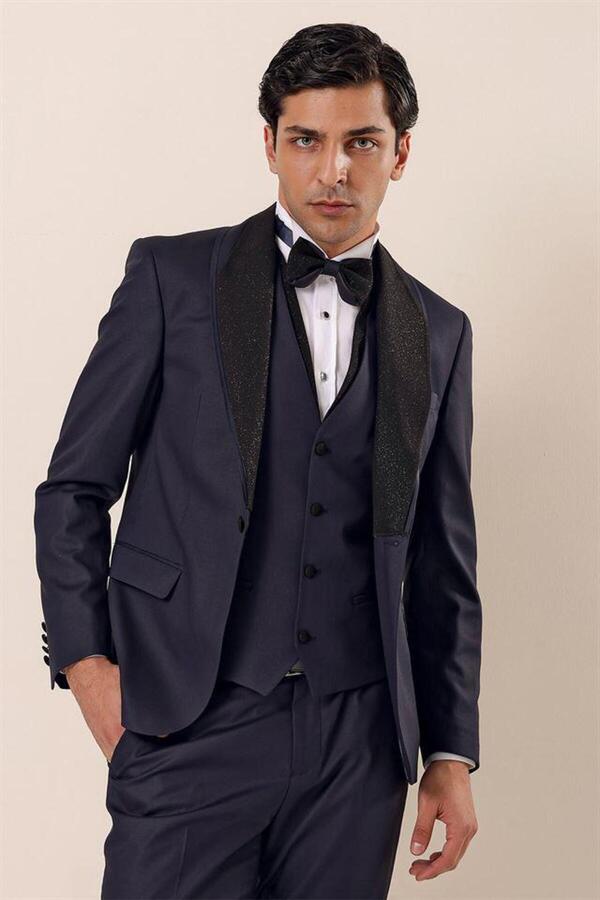 İmza Men's Dark Navy Blue Patterned Vest 6 Drop Slim Fit Tuxedo Groom Suit 1001230203
