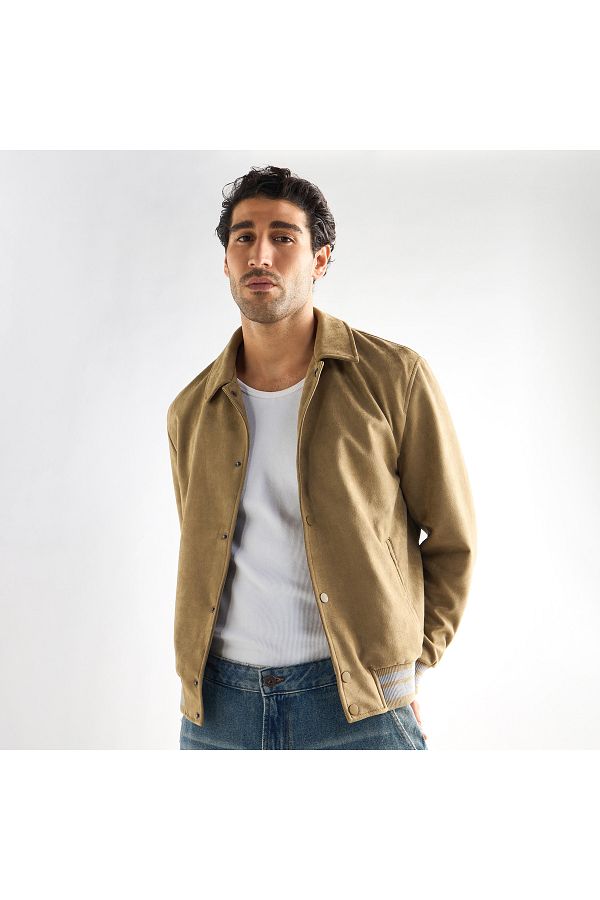 FAV-Striped Collared Varsity Jacket With Long Sleeves And Button Closure 1