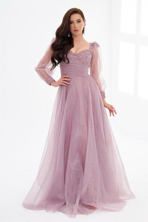 CARMEN Lavender Glitter Tulle Front Embroidered Long Sleeve Engagement Dress Trendyol