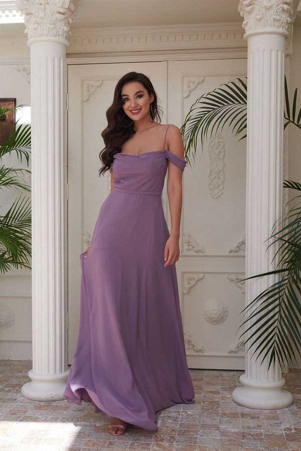 Carmen-Lavendelfarbenes Chiffon-Langarm-Abendkleid mit niedrigen Ärmeln 1