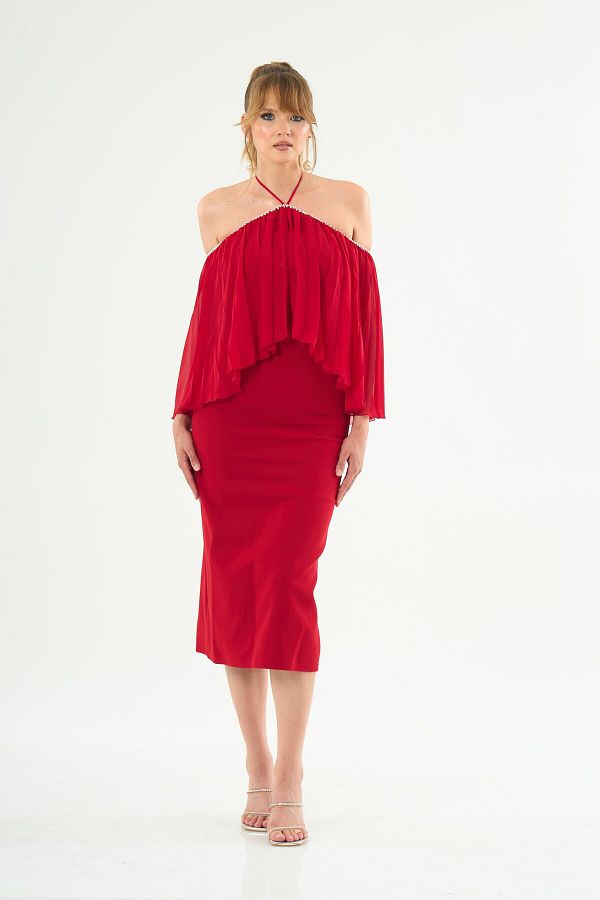 Carmen-Red Crepe Evening Dress - Halter Dress 1