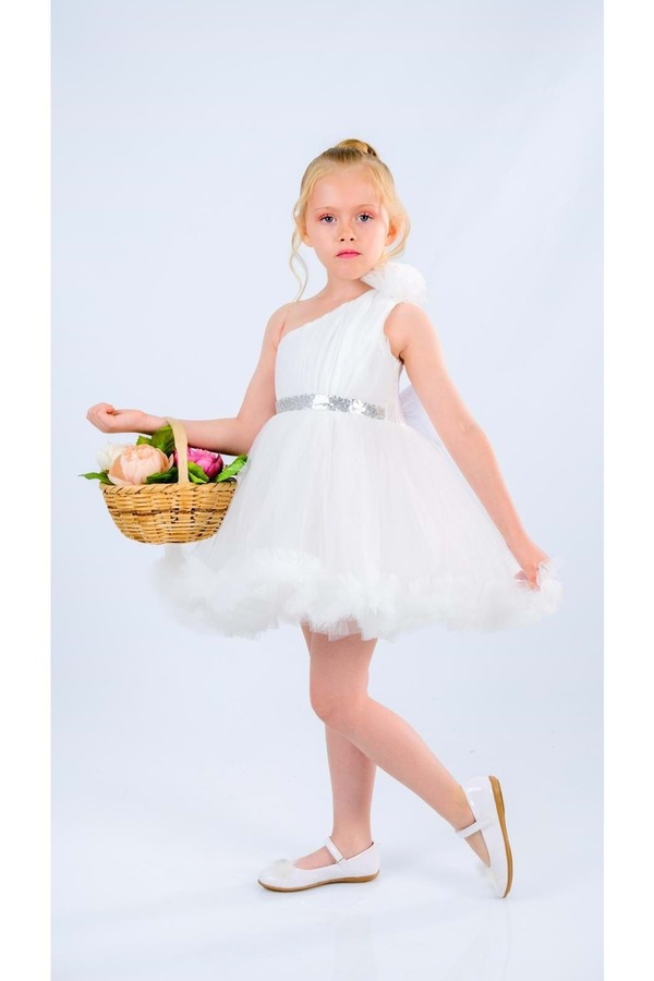 Mnk Baby&Kids Tek Omuz Kız Çocuk Abiye MNK0599 BEYAZ