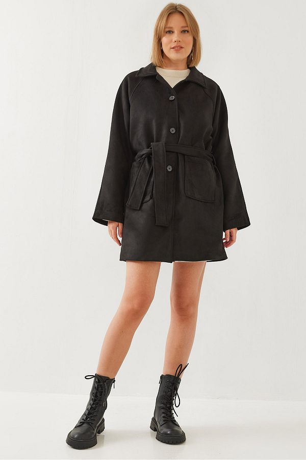 Bianco Lucci Women s Striped Lining Detail Belted Suede Trench Coat 2601 60351118