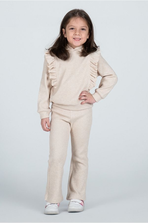 Kyron Girl s Frill Detailed Hooded Knitwear Tracksuit Set Beige Trendyol