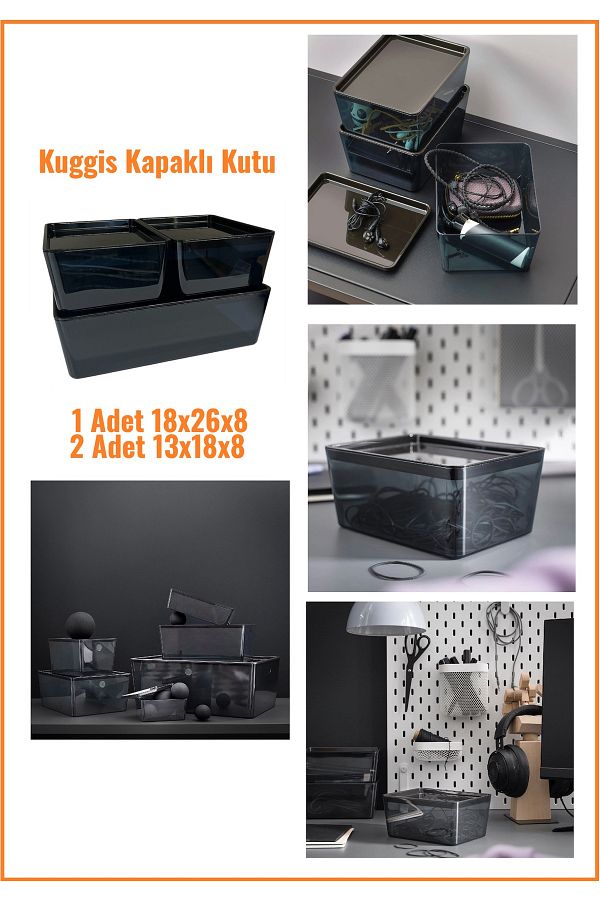 IKEA-Kuggis Box with Lid Transparent Black Set, (Set of 3) 1