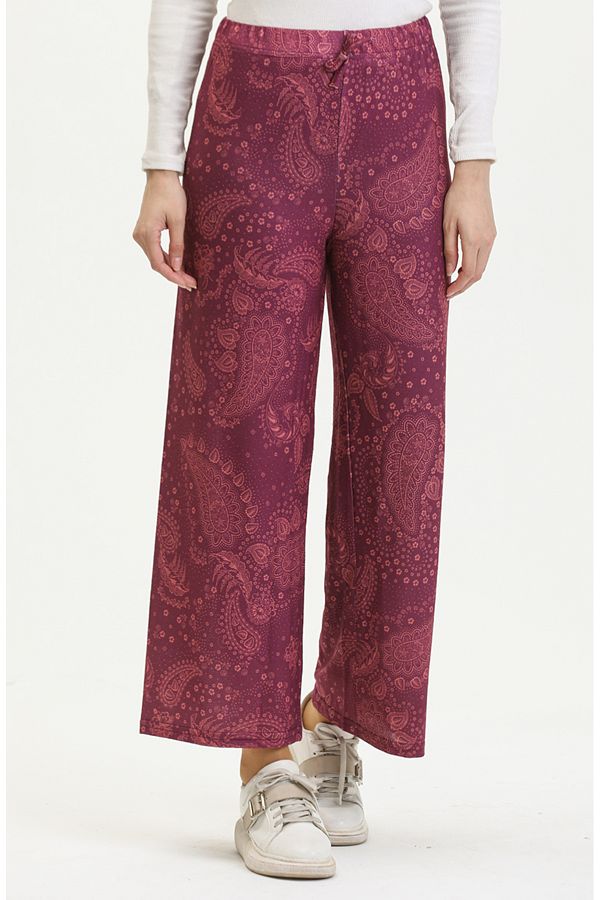 sefamerve-Plum Patterned Wide Leg Elastic Waist Trousers - 8734-01 1