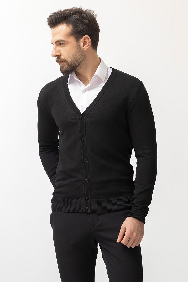 Mcr Plain Black Slim Fit Buttoned Knitwear Men s Cardigan Trendyol