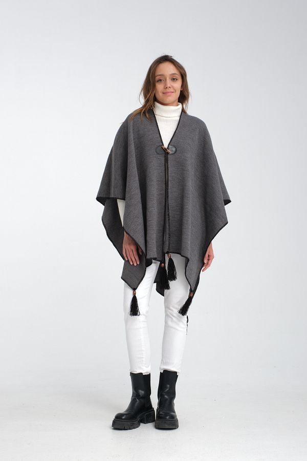 Wega Moda-Plain Knitwear Fisherman Stitched Button Detailed Stylish Designed Poncho, Poncho, Plain Patternless Shawl Poncho 1