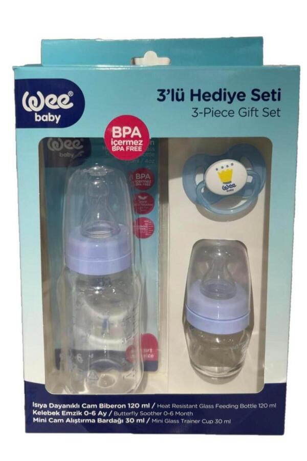 Wee Baby Mavi 3lü Hediye Seti Mavi (CAM BİBERON,ALIŞTIRMA BARDAĞI VE EMZİK)